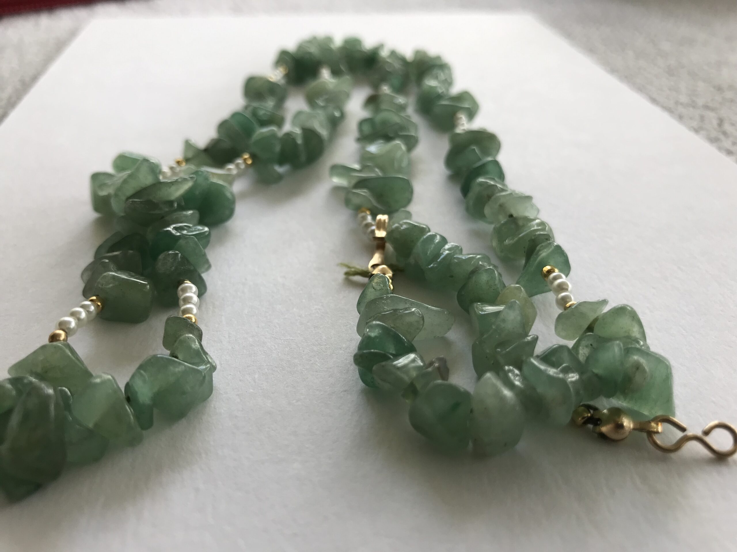 Green, white, gold “natural crystal bead” 12.5 inch necklace on silk thread